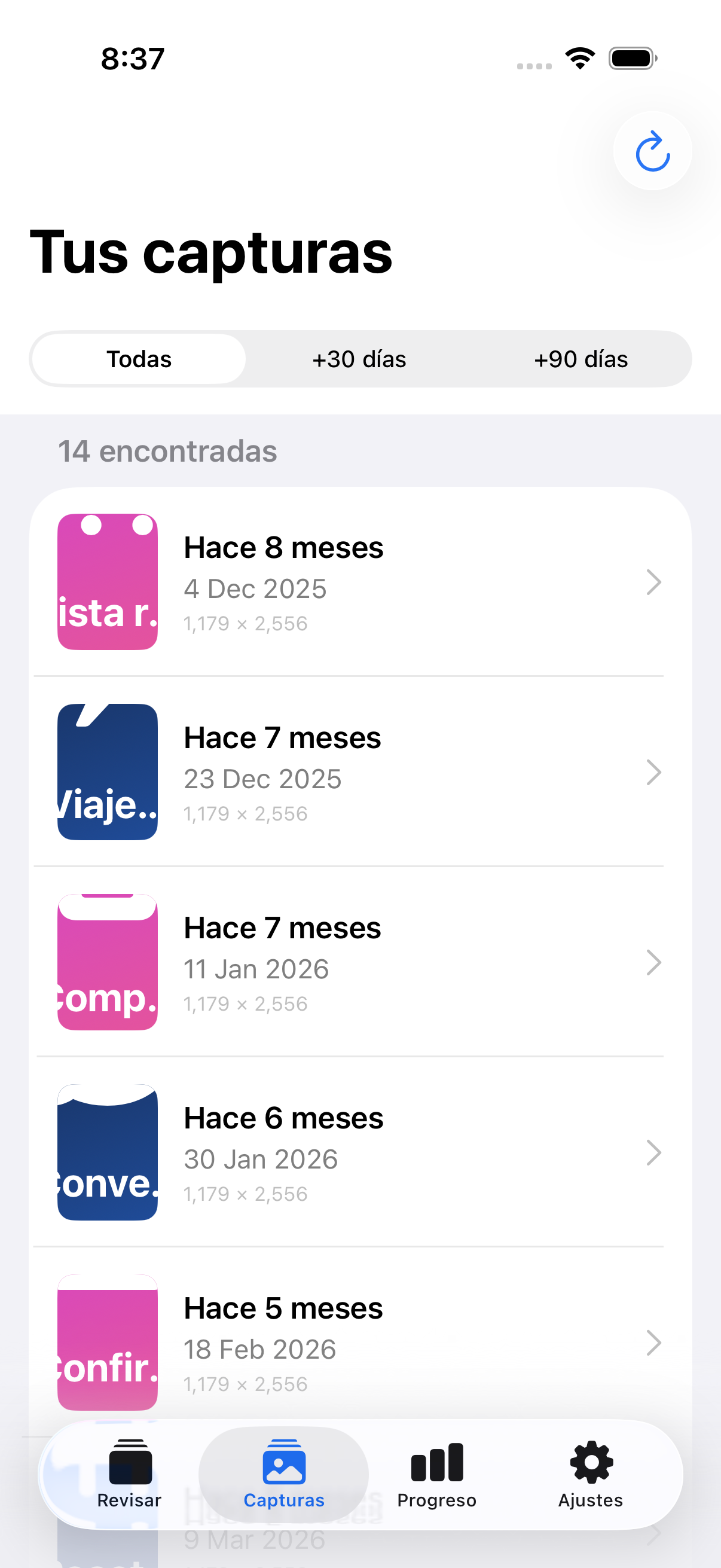 Lista de capturas con filtros
